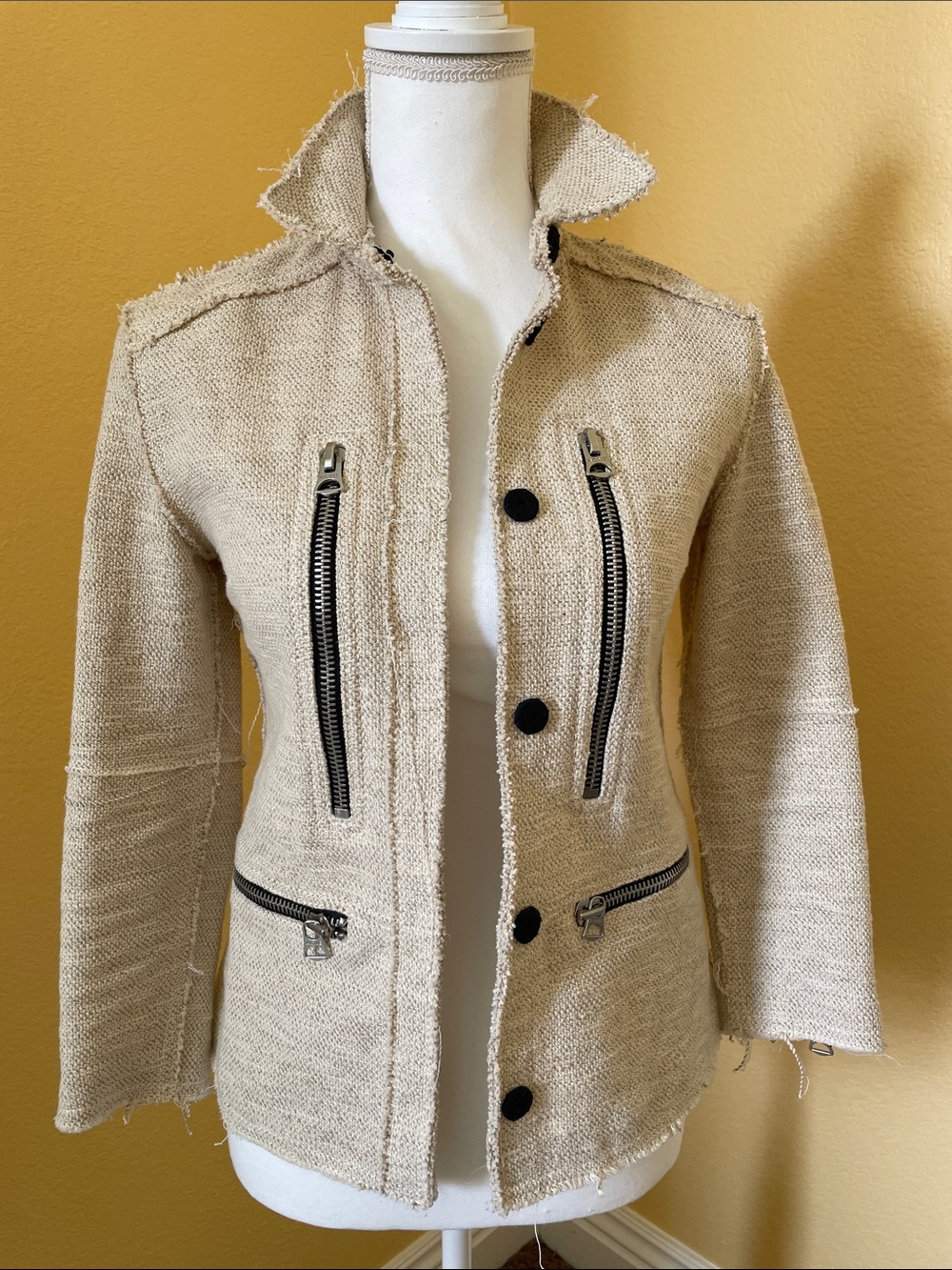Acne Studio Beige Frayed Tweed Zip-Detail Jacket EU 34 (fits like XS)